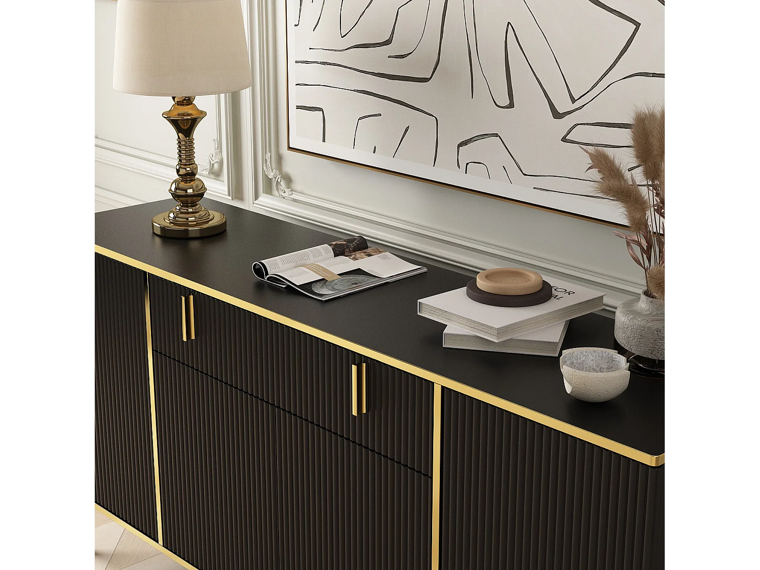 Buffet de Salon avec 4 Portes et 1 Tiroir, Meuble de Rangement avec Pieds en Métal , Salon Chambre Bureau, 160x40x80cm, Noir