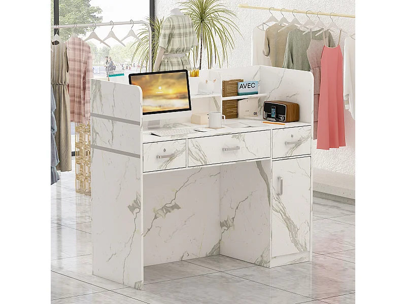 Comptoir de réception avec compartiments ouverts  étagères Tiroir verrouillable Salon Bureau 120x20x110cm Blanche