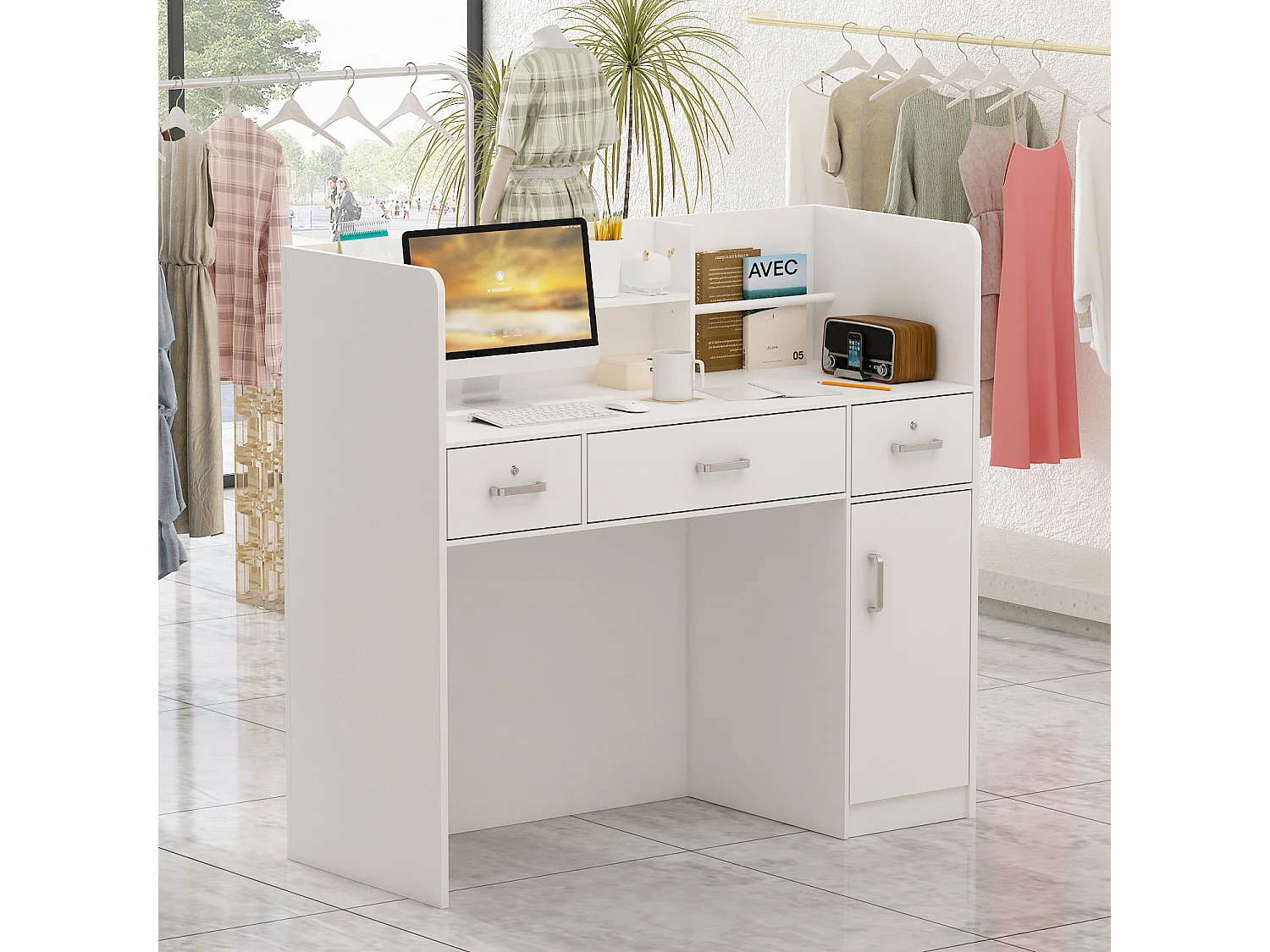 Comptoir de réception avec compartiments ouverts  étagères Tiroir verrouillable Salon Bureau 120x20x110cm Blanche