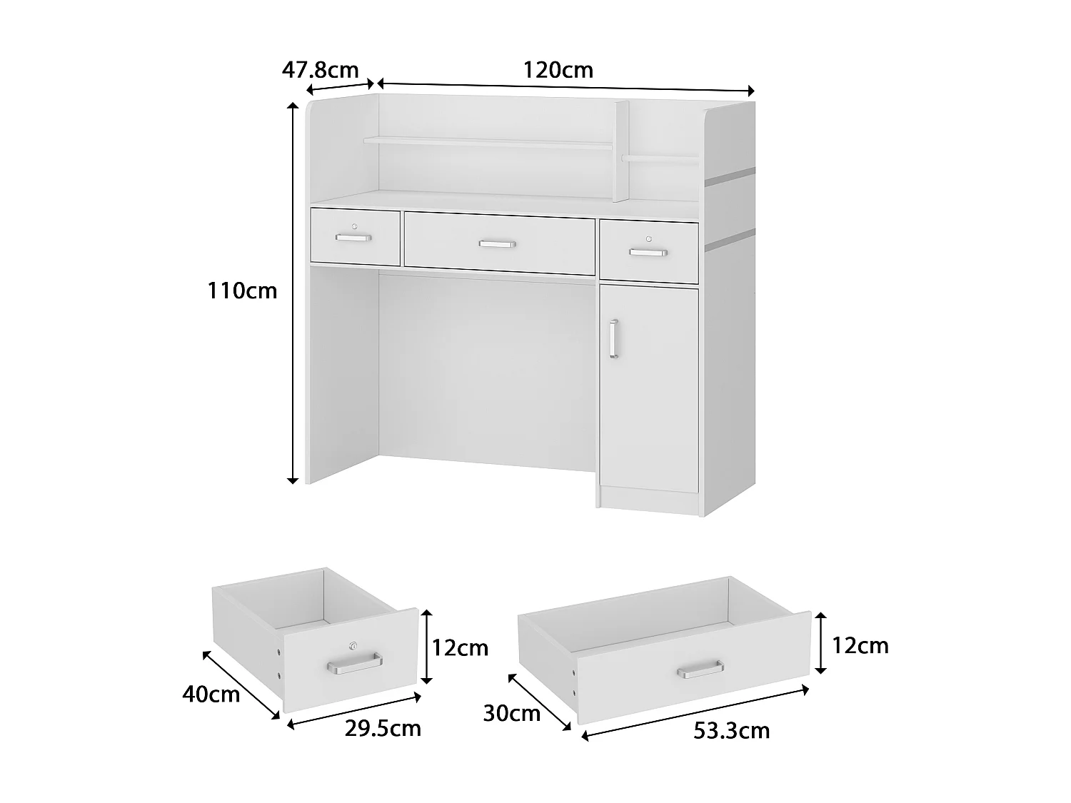 Bureau d’Accueil avec Tiroirs Verrouillables et Porte , Comptoir de Réception avec Poignée Argentée, Bureau, 120x47.8x110, Blanc