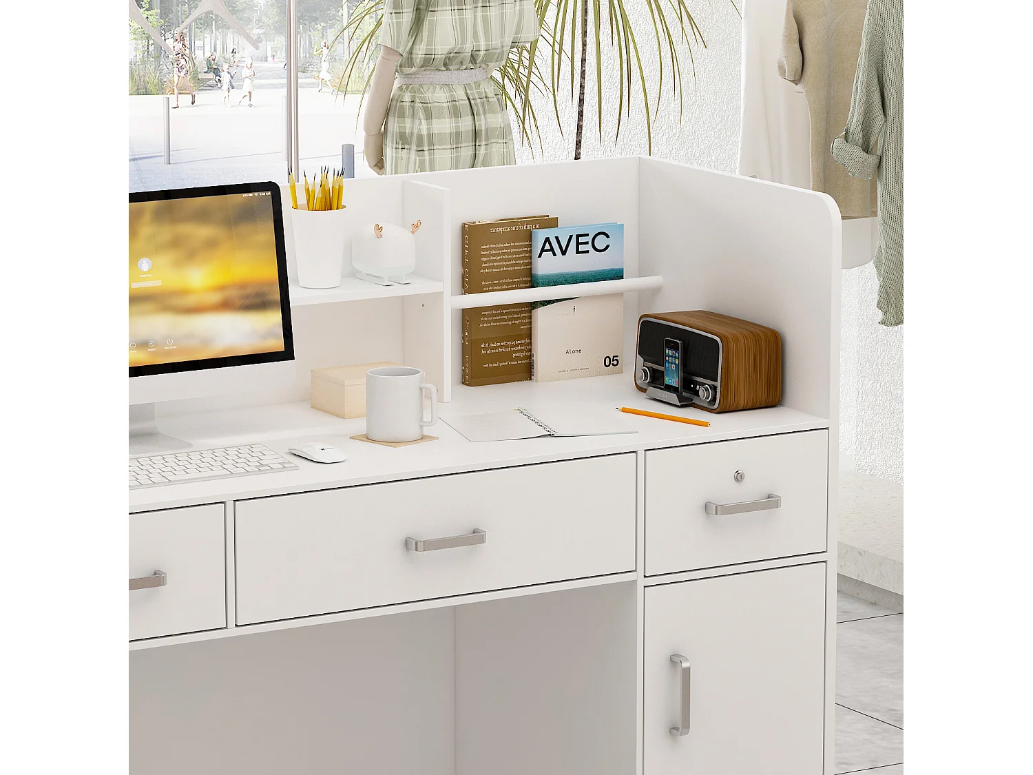 Bureau d’Accueil avec Tiroirs Verrouillables et Porte , Comptoir de Réception avec Poignée Argentée, Bureau, 120x47.8x110, Blanc