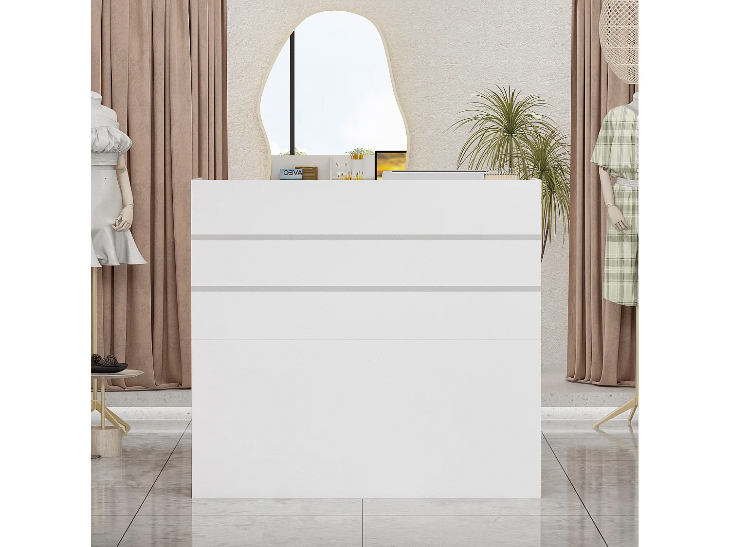 Bureau d’Accueil avec Tiroirs Verrouillables et Porte , Comptoir de Réception avec Poignée Argentée, Bureau, 120x47.8x110, Blanc