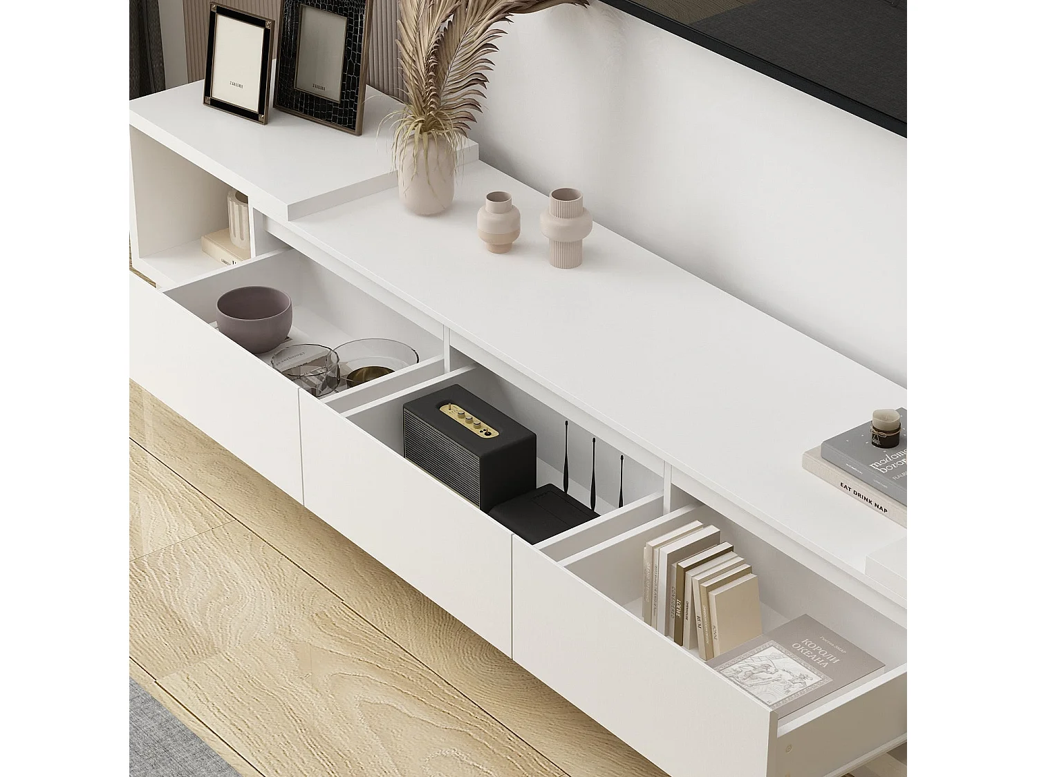 Meuble TV avec longueur réglable Support Buffet bas Mondern Salon 345x30x33.5cm Blanche 270x39x40cm