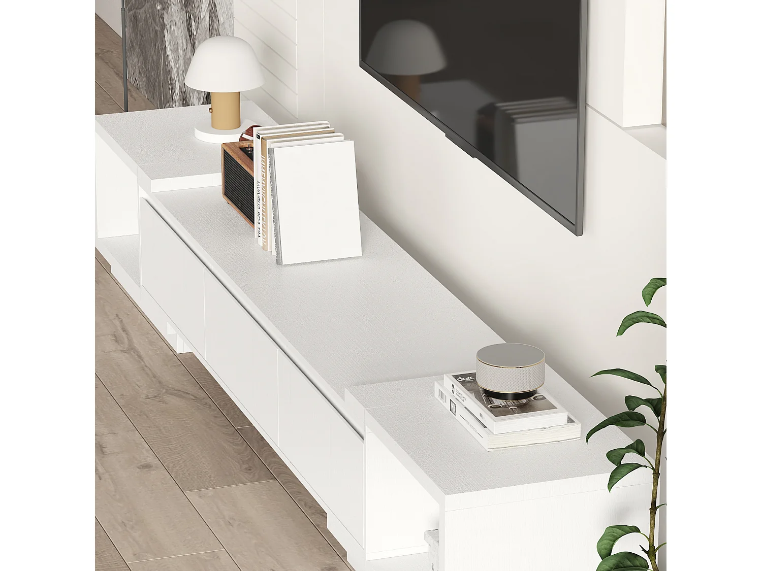 Meuble TV extensible 166-270 cm avec 3 tiroirs et 2 compartiments pour salon, blanc mat