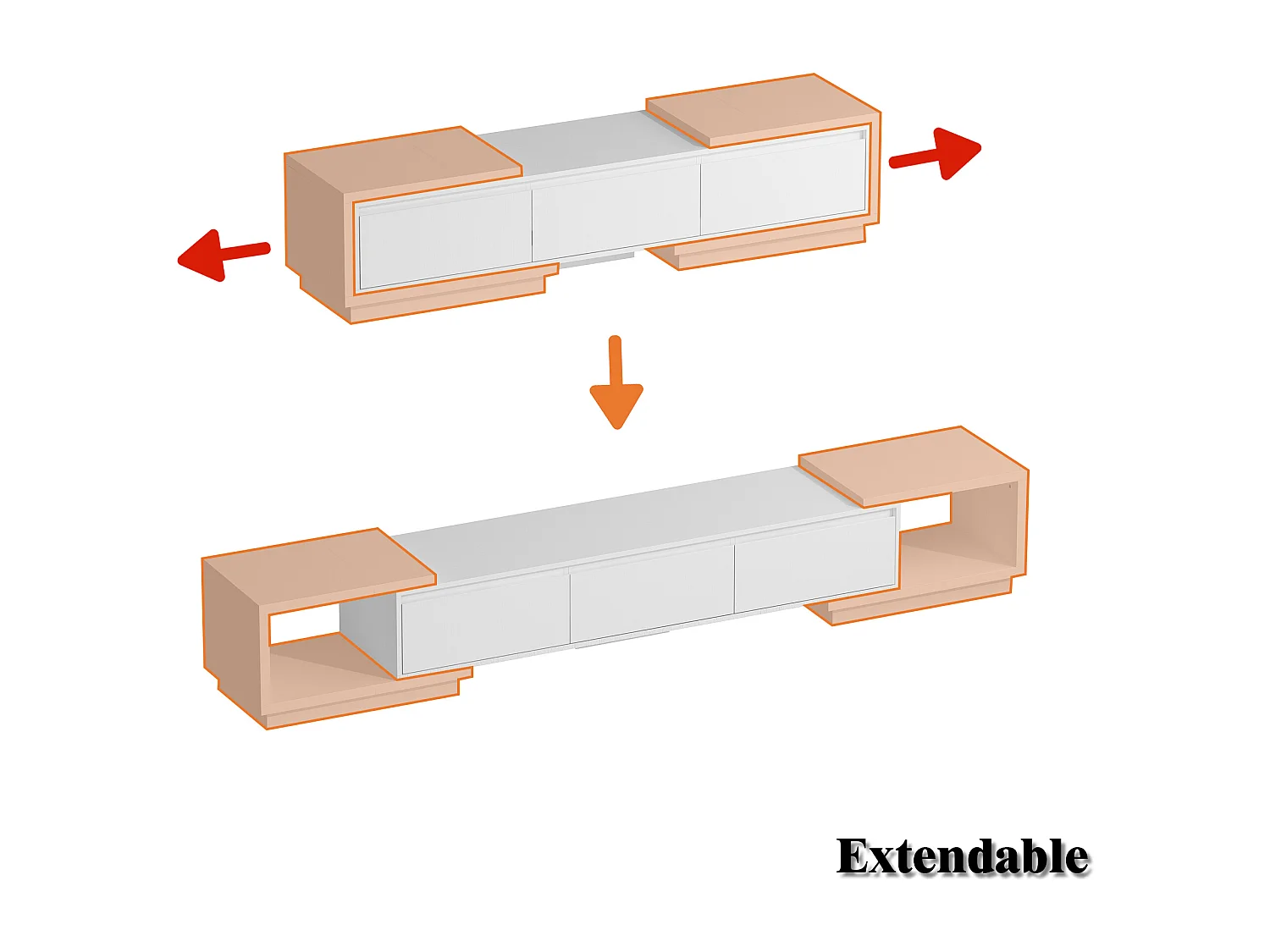 Meuble TV extensible 166-270 cm avec 3 tiroirs et 2 compartiments pour salon, blanc mat