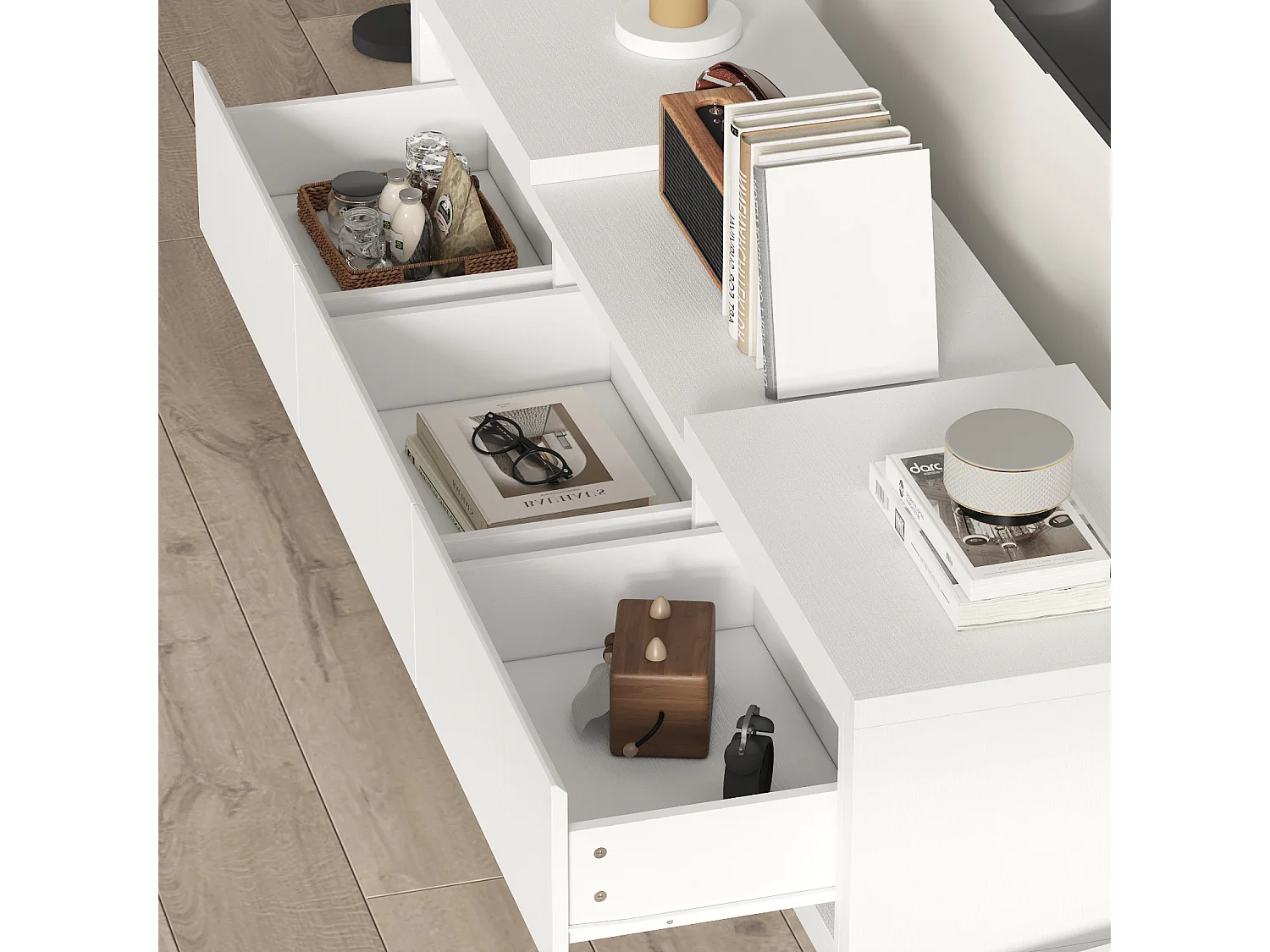 Meuble TV extensible 166-270 cm avec 3 tiroirs et 2 compartiments pour salon, blanc mat