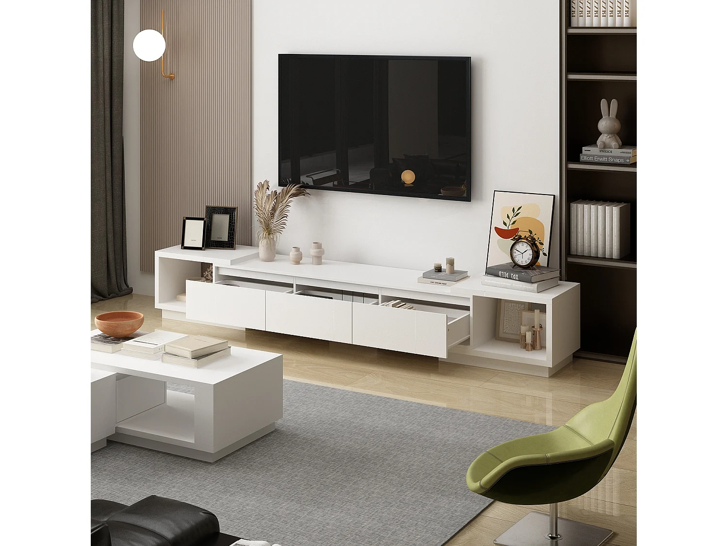 Meuble TV extensible 166-270 cm avec 3 tiroirs et 2 compartiments pour salon, blanc mat