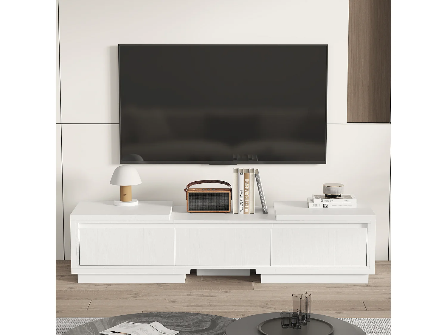 Meuble TV extensible 166-270 cm avec 3 tiroirs et 2 compartiments pour salon, blanc mat