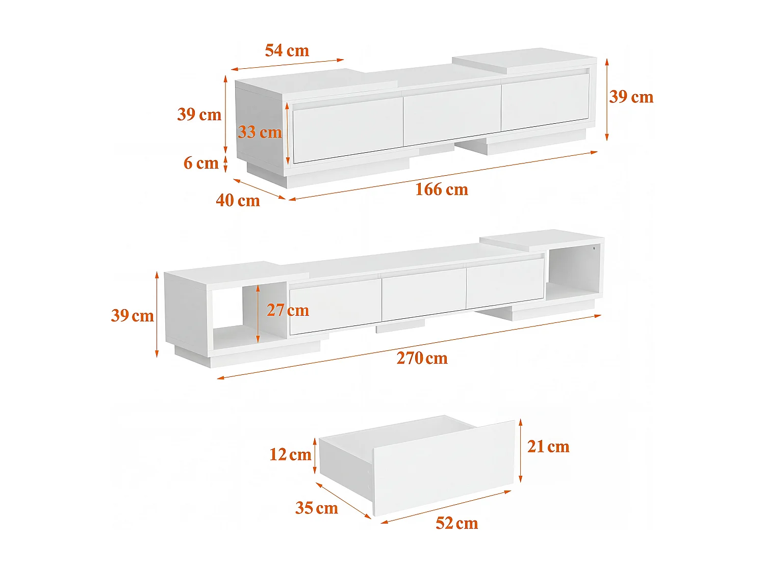 Meuble TV extensible 166-270 cm avec 3 tiroirs et 2 compartiments pour salon, blanc mat