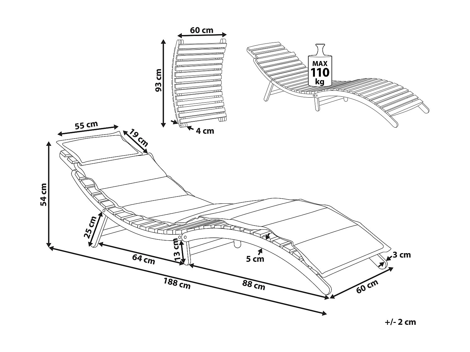 Leżak ogrodowy z poduszką LUINO Drewno akacjowe Złamana biel