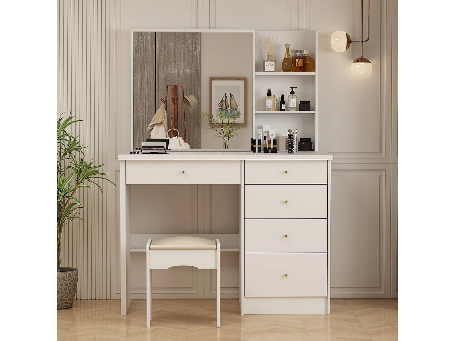 Coiffeuse avec Miroir LED à 3 couleurs et Tabouret 100x50x135cm Blanc