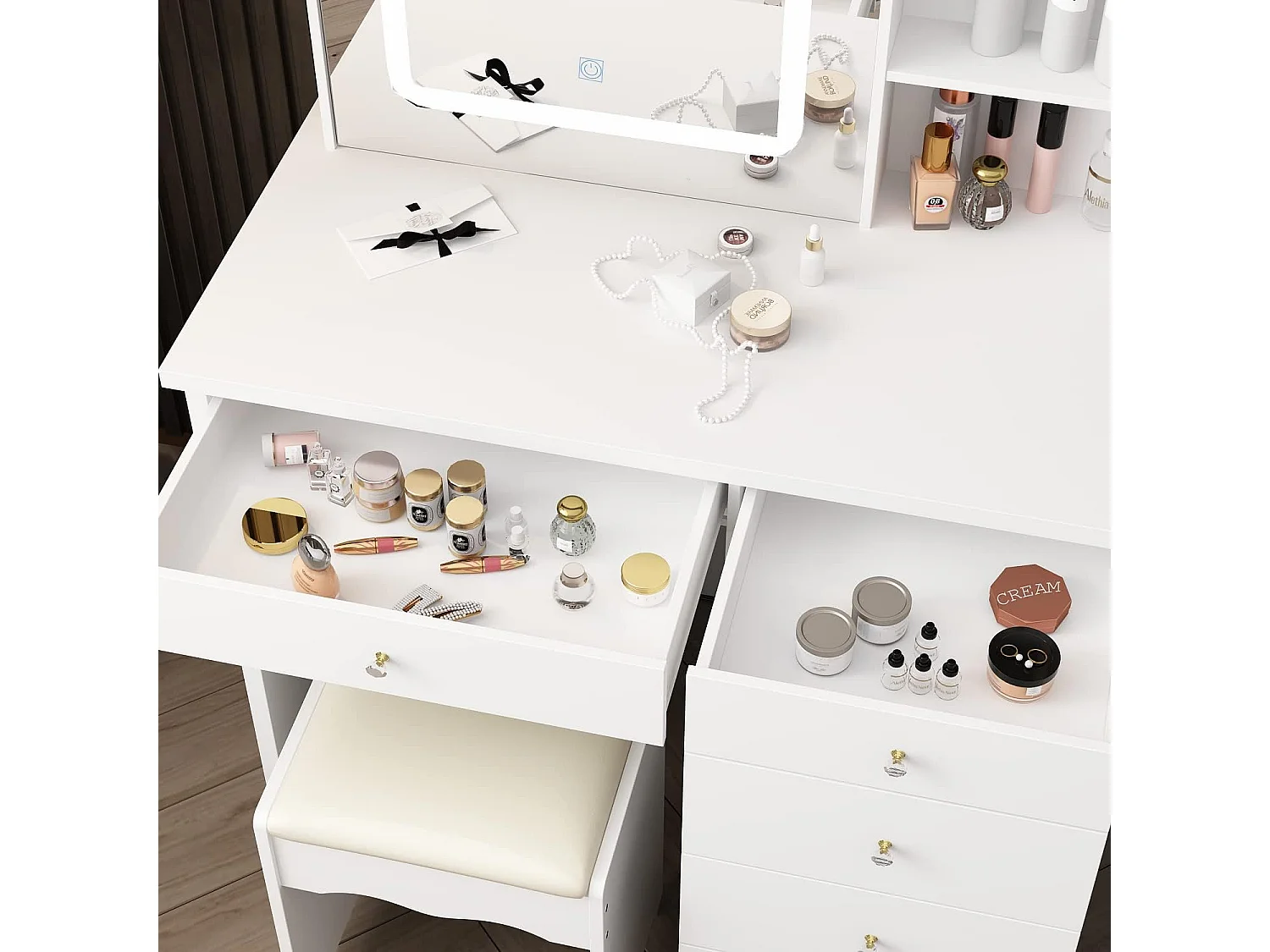 Coiffeuse avec Miroir LED à 3 couleurs et Tabouret 100x50x135cm Blanc