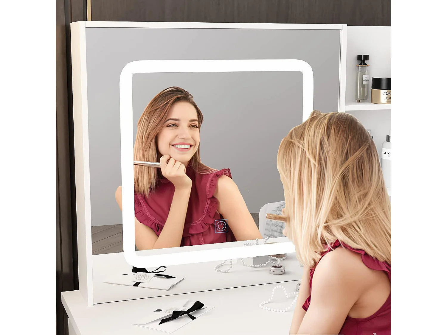 Coiffeuse avec Miroir LED à 3 couleurs et Tabouret 100x50x135cm Blanc