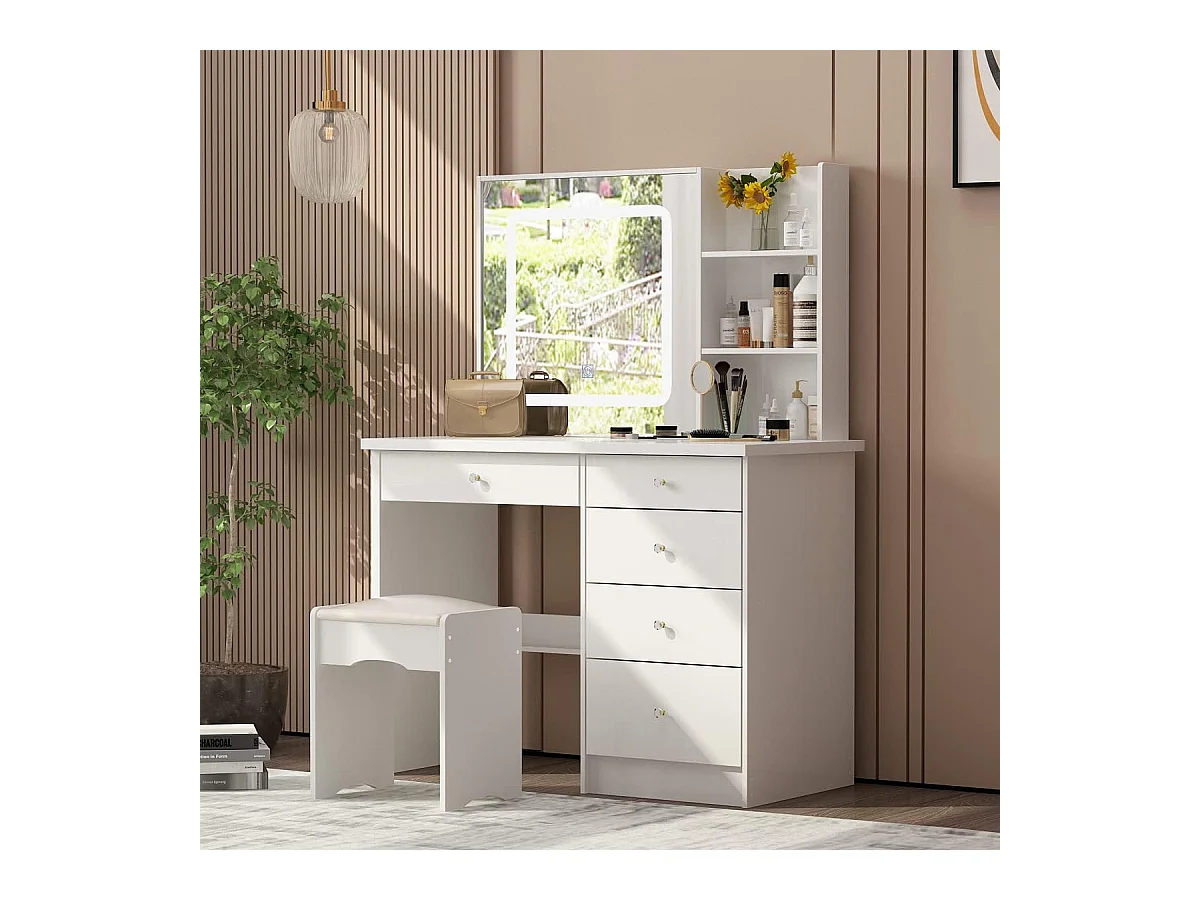 Coiffeuse avec Miroir LED à 3 couleurs et Tabouret 100x50x135cm Blanc