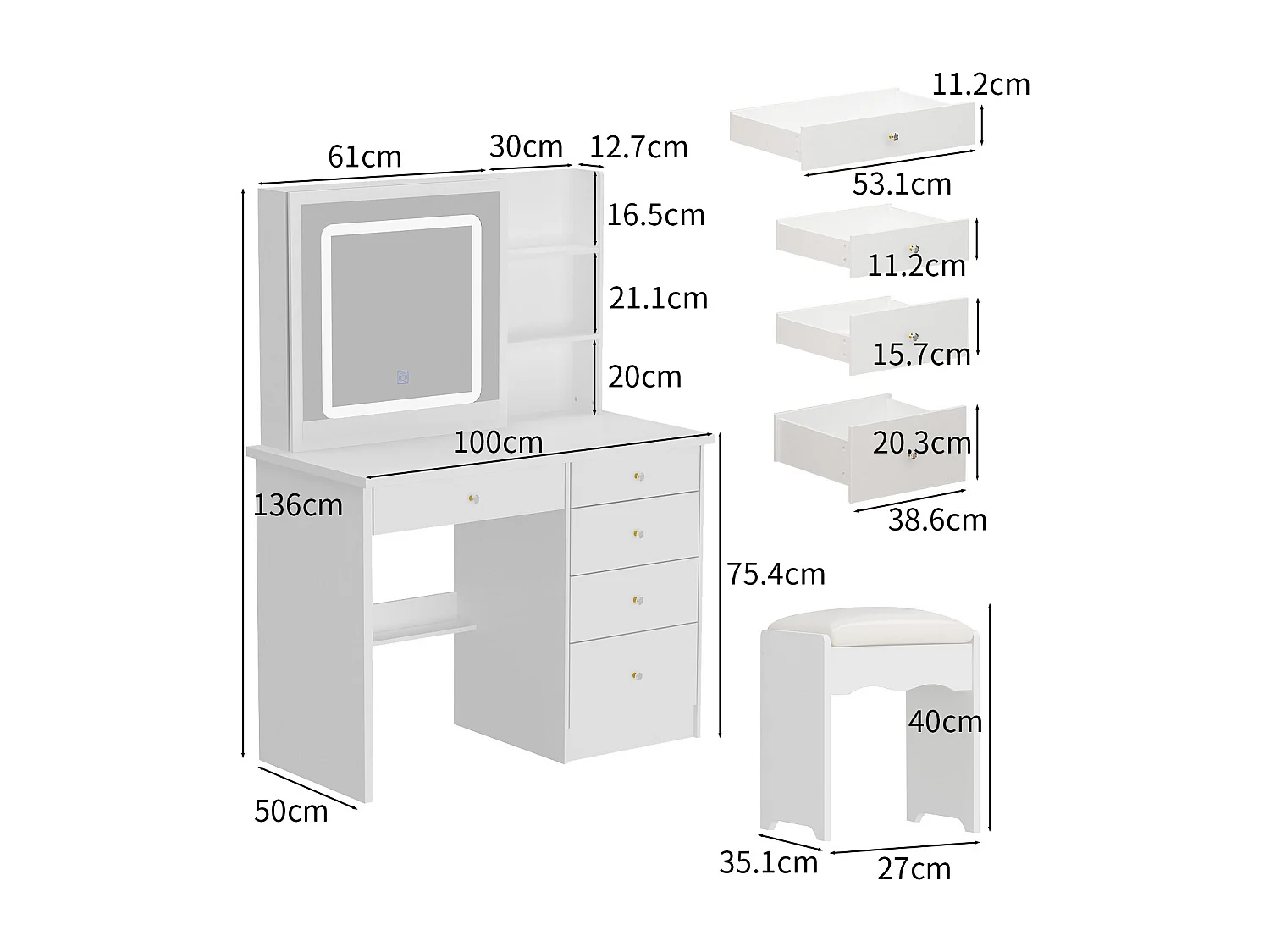Coiffeuse avec Miroir LED à 3 couleurs et Tabouret 100x50x135cm Blanc
