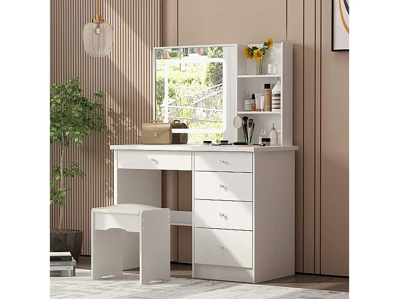 Coiffeuse avec Miroir LED à 3 couleurs et Tabouret 100x50x135cm Blanc
