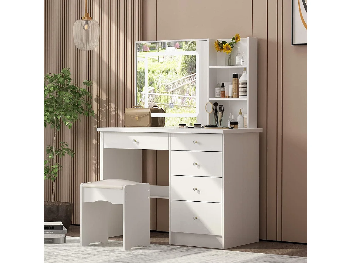 Coiffeuse Avec Miroir LED, Tiroirs Et Tabouret - Meuble Blanc Avec Rangement Abondant Et Espace Caché
