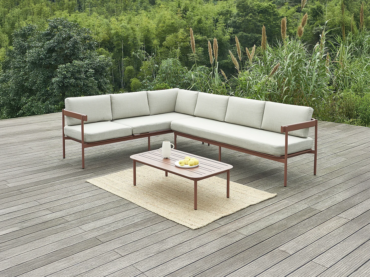 Salon de jardin modulable en aluminium : 1 canapé d'angle relevable + 1 table basse - Terracotta et coussins beige - LASTON de MYLIA