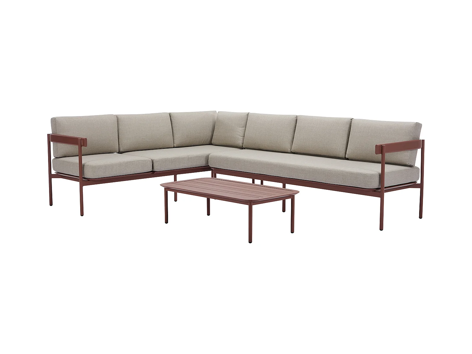 Salon de jardin modulable en aluminium : 1 canapé d'angle relevable + 1 table basse - Terracotta et coussins beige - LASTON de MYLIA