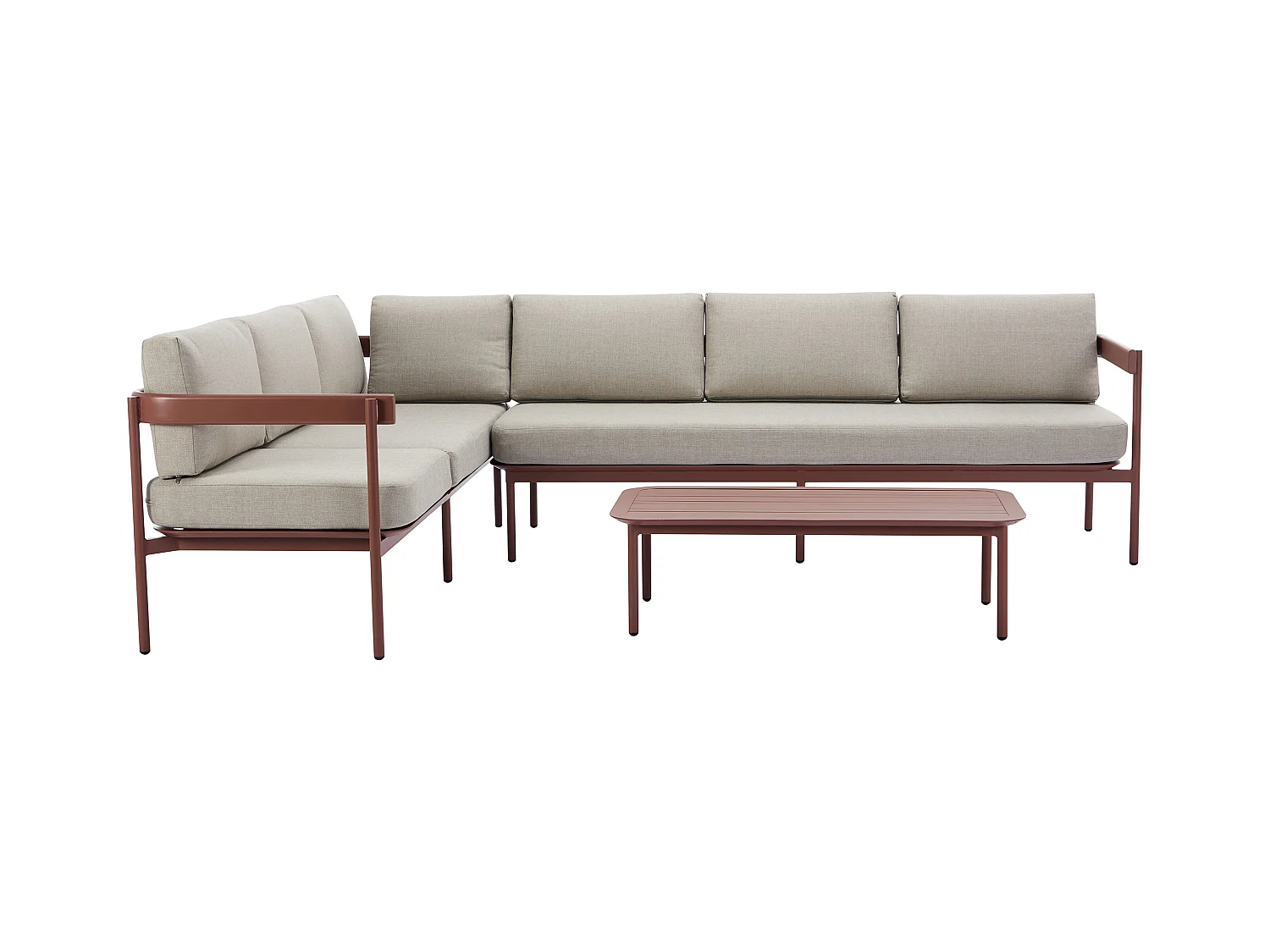 Salon de jardin modulable en aluminium : 1 canapé d'angle relevable + 1 table basse - Terracotta et coussins beige - LASTON de MYLIA