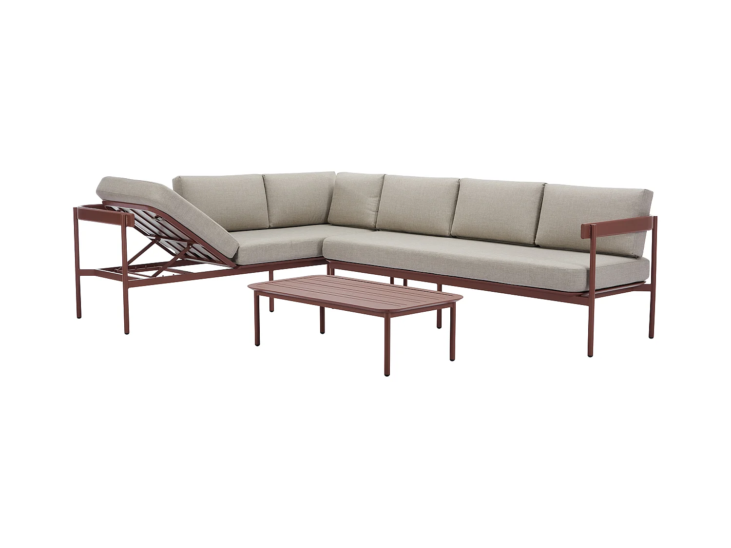 Salon de jardin modulable en aluminium : 1 canapé d'angle relevable + 1 table basse - Terracotta et coussins beige - LASTON de MYLIA