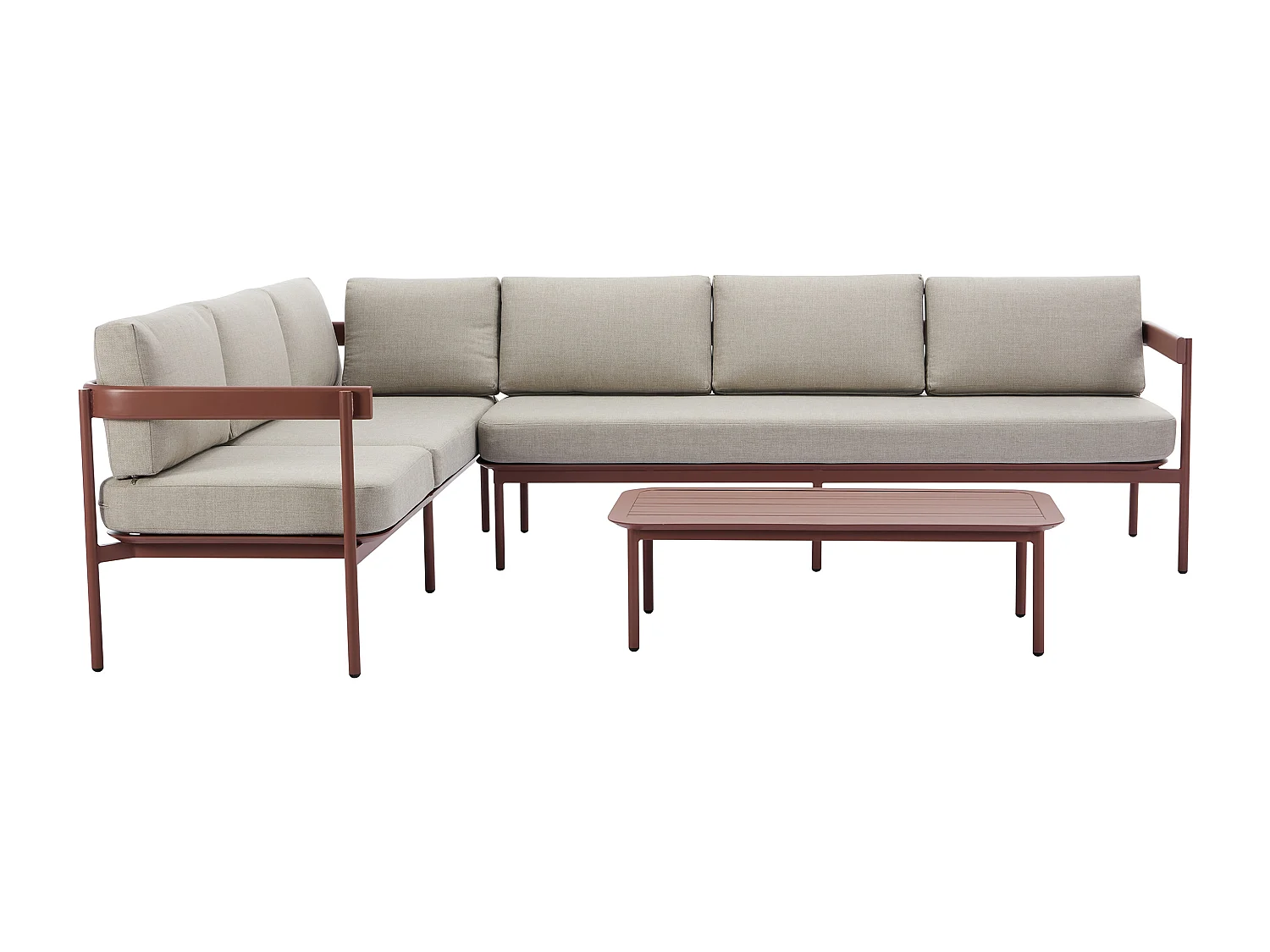 Salon de jardin modulable en aluminium : 1 canapé d'angle relevable + 1 table basse - Terracotta et coussins beige - LASTON de MYLIA