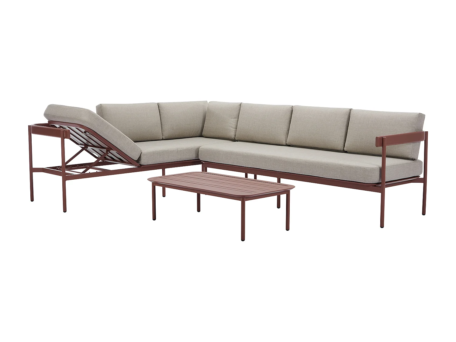 Salon de jardin modulable en aluminium : 1 canapé d'angle relevable + 1 table basse - Terracotta et coussins beige - LASTON de MYLIA