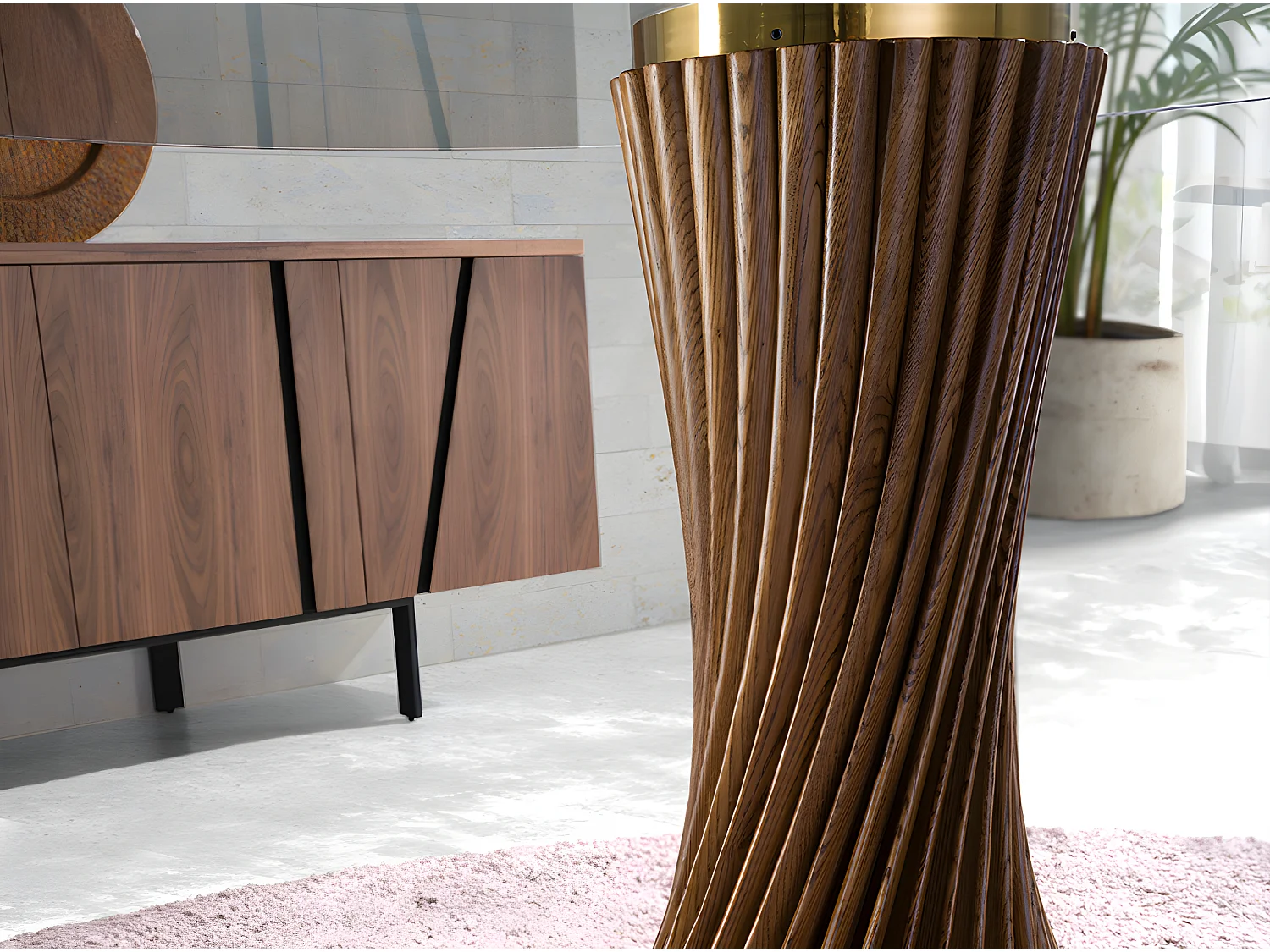 Esstisch runde gehärtetes Glas aus walnussfarbenes Holz  1127 ANGEL CERDA