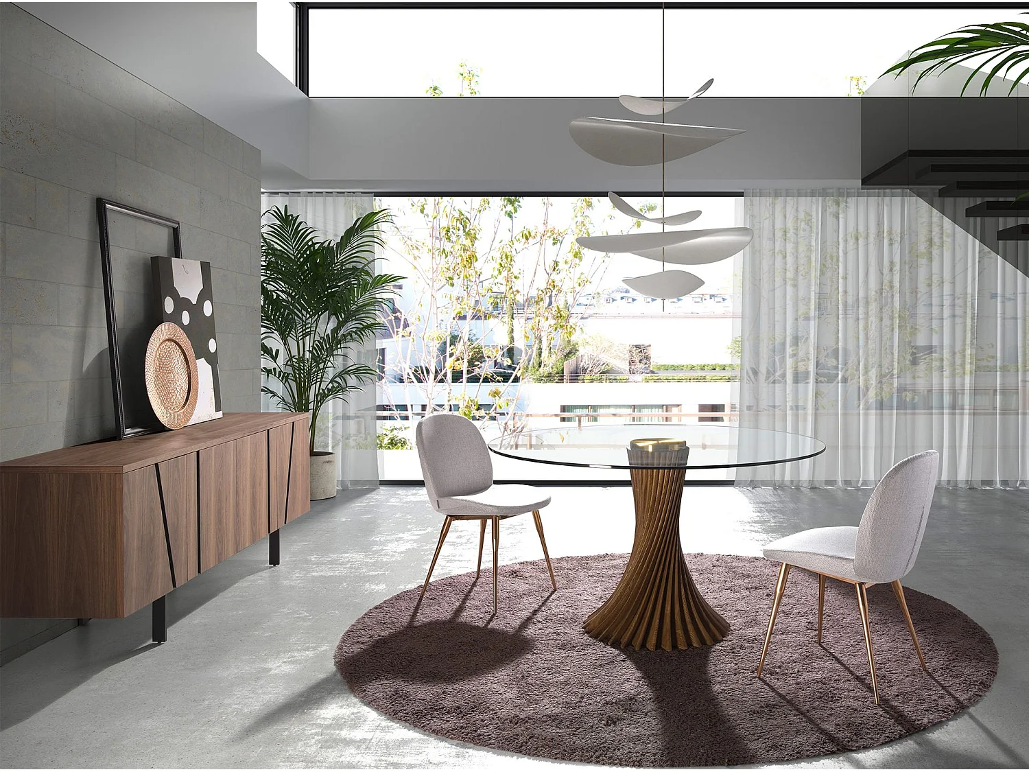 Table à manger ronde verre trempé et noyer 1127 ANGEL CERDA