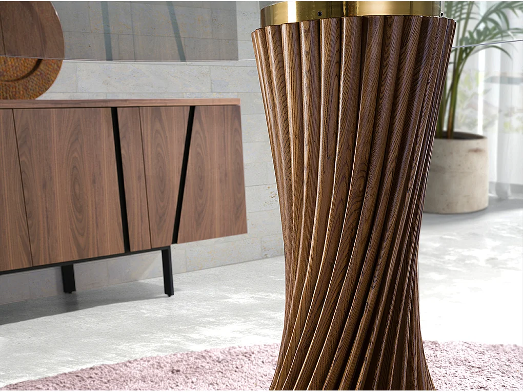 Table à manger ronde verre trempé et noyer 1127 ANGEL CERDA