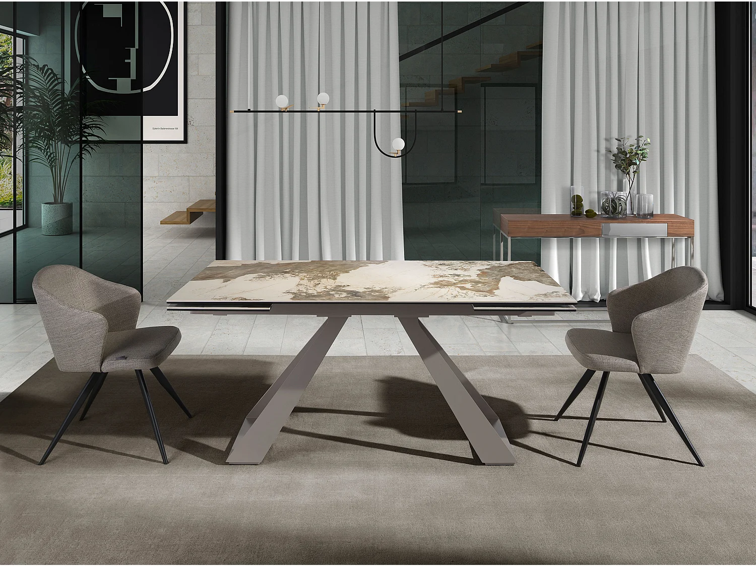 Rechteckiger ausziehbarer Esstisch aus Porzellanmarmor und taupefarbenem Stahl 1117 ANGEL CERDA