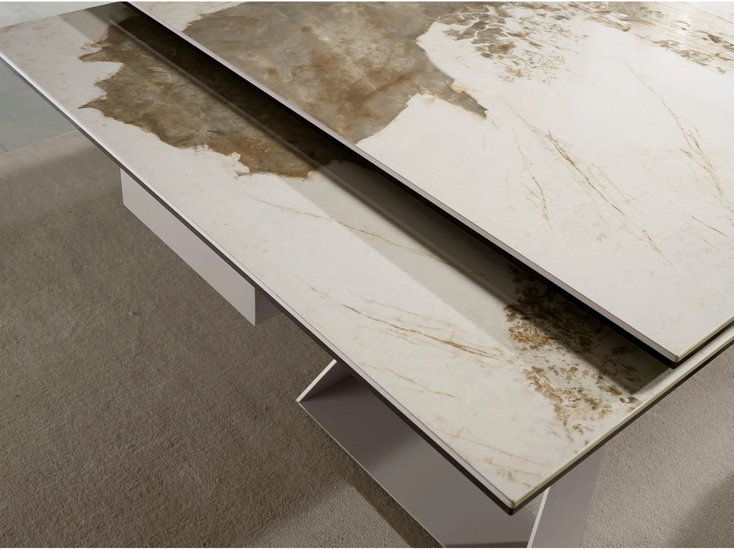 Table de salle à manger rectangulaire à rallonge en marbre porcelaine et acier gris taupe 1117 ANGEL CERDA