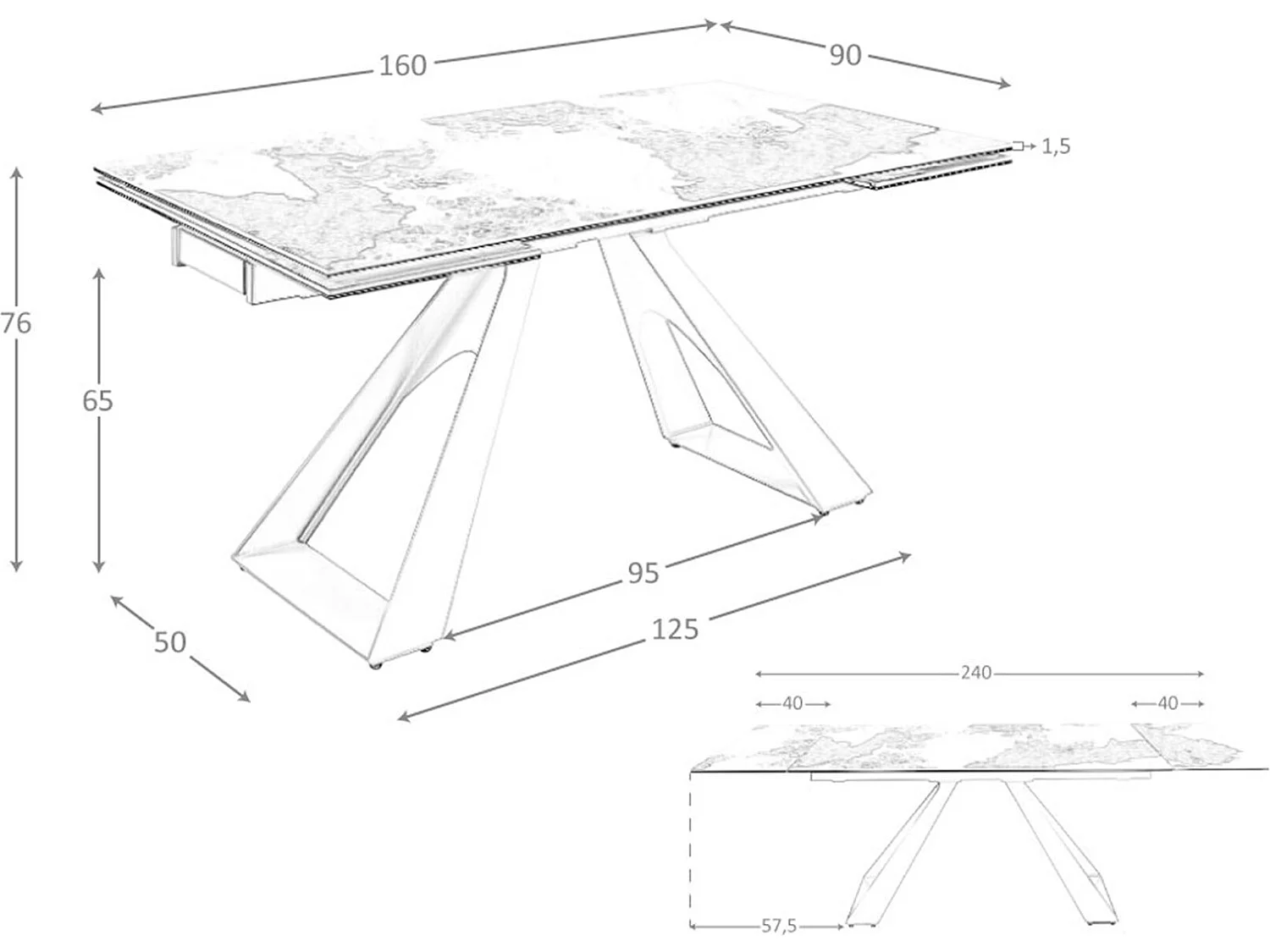 Table de salle à manger rectangulaire à rallonge en marbre porcelaine et acier gris taupe 1117 ANGEL CERDA