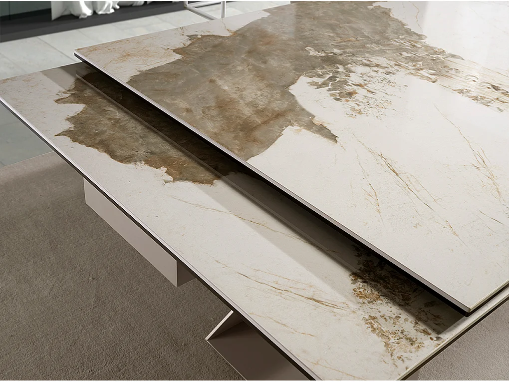 Table de salle à manger rectangulaire à rallonge en marbre porcelaine et acier gris taupe 1117 ANGEL CERDA