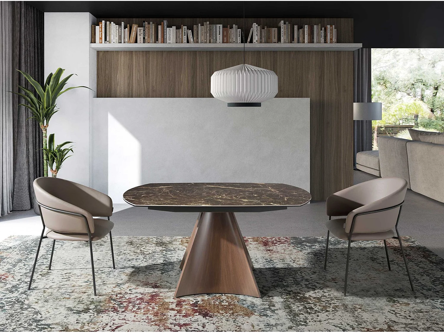 Table à manger à rallonge baril ovale marbre porcelaine et acier effet noyer 1113 ANGEL CERDA