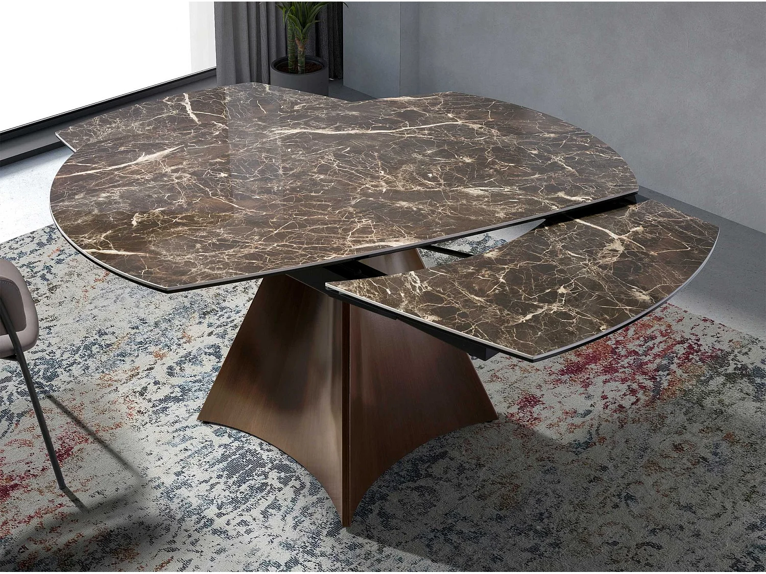 Table à manger à rallonge baril ovale marbre porcelaine et acier effet noyer 1113 ANGEL CERDA