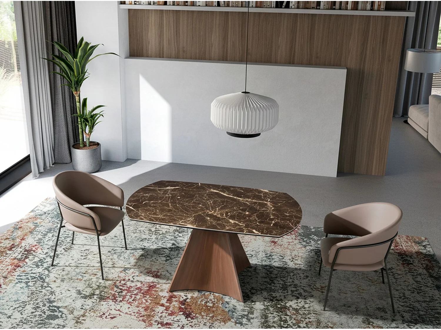 Table à manger à rallonge baril ovale marbre porcelaine et acier effet noyer 1113 ANGEL CERDA