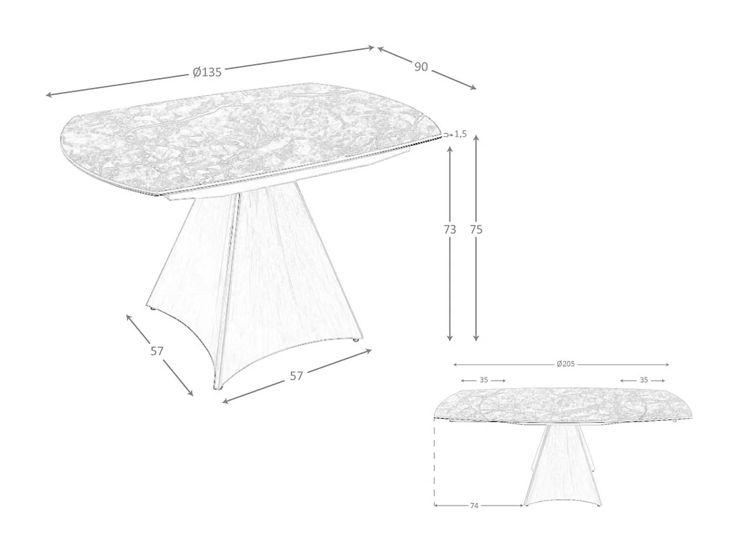 Table à manger à rallonge baril ovale marbre porcelaine et acier effet noyer 1113 ANGEL CERDA
