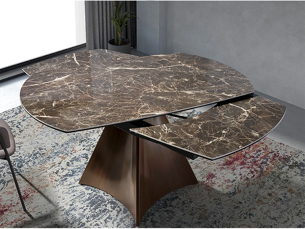 Table à manger à rallonge baril ovale marbre porcelaine et acier effet noyer 1113 ANGEL CERDA