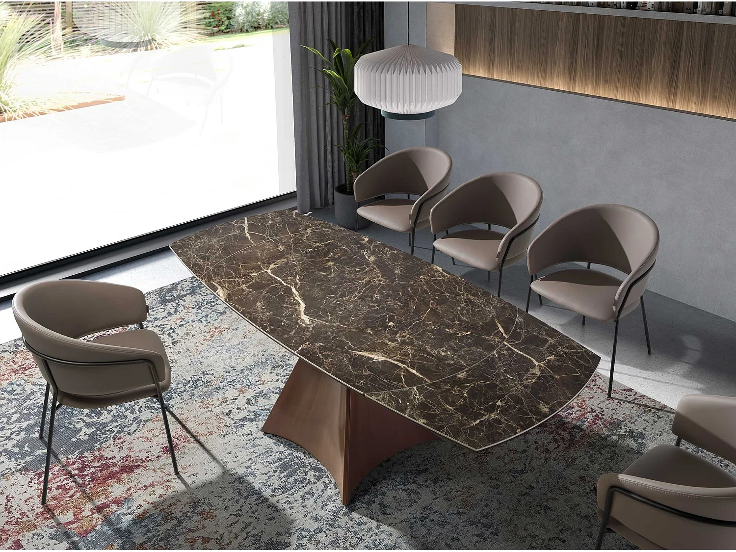 Table à manger à rallonge baril ovale marbre porcelaine et acier effet noyer 1113 ANGEL CERDA