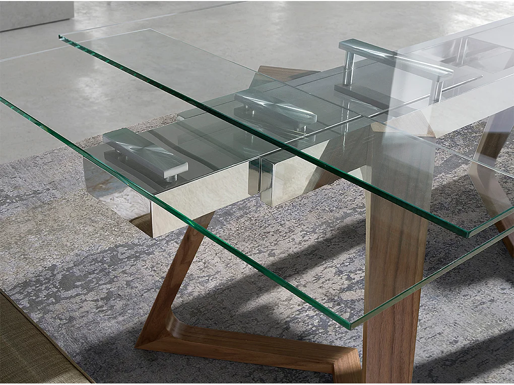 Table à manger à rallonge rectangulaire verre trempé et noyer 1115 ANGEL CERDA