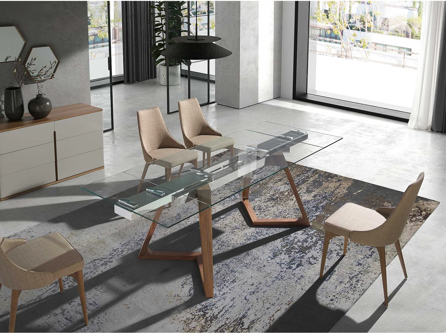 Ausziehbarer Esstisch Rechteckig gehärtetes Glas aus Walnuss 1115 ANGEL CERDA