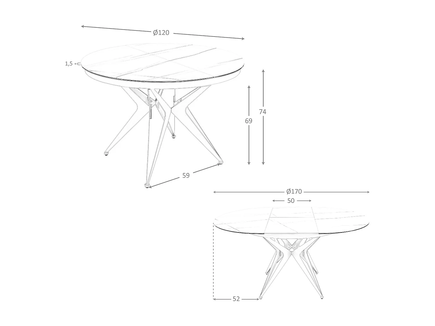 Table à manger à rallonge ronde marbre porcelaine et acier gris 1119 ANGEL CERDA