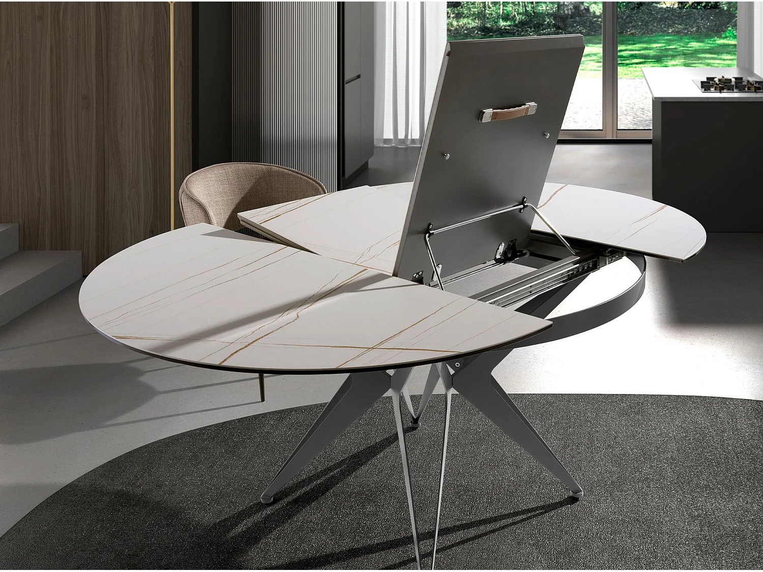 Mesa de jantar redonda extensível em mármore porcelânico e aço cinzento 1119 ANGEL CERDA