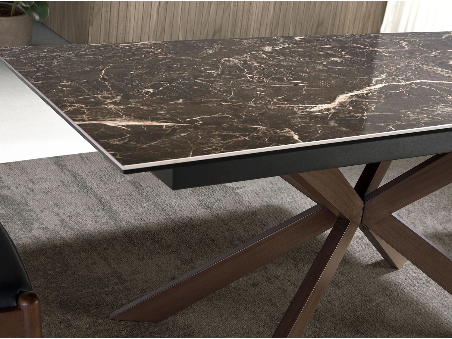 Uitschuifbare eettafel rechthoekig porselein marmer en walnooteffect staal 1121 ANGEL CERDA