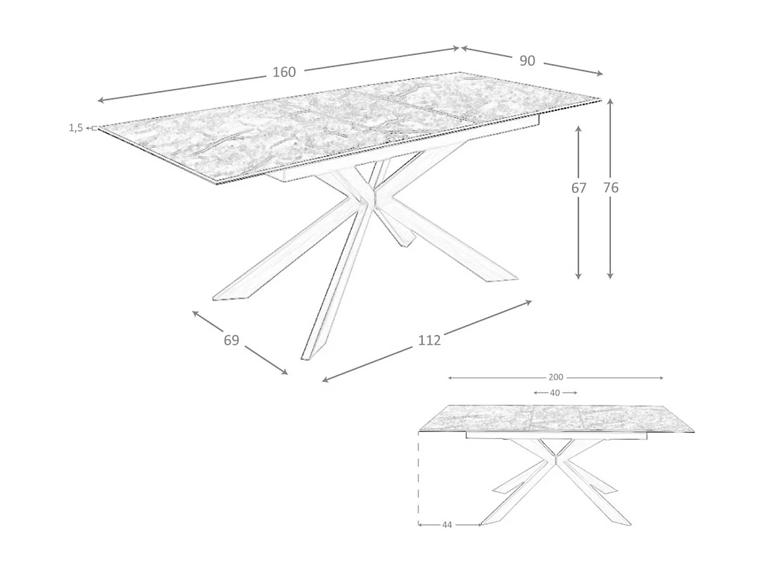 Uitschuifbare eettafel rechthoekig porselein marmer en walnooteffect staal 1121 ANGEL CERDA