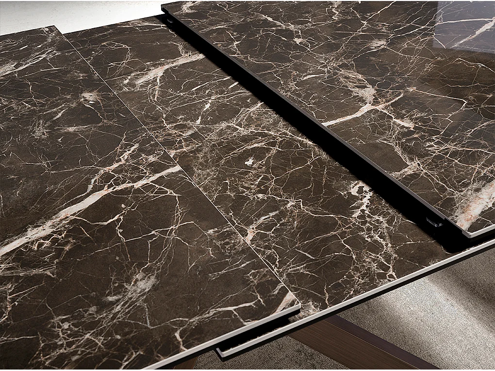 Uitschuifbare eettafel rechthoekig porselein marmer en walnooteffect staal 1121 ANGEL CERDA