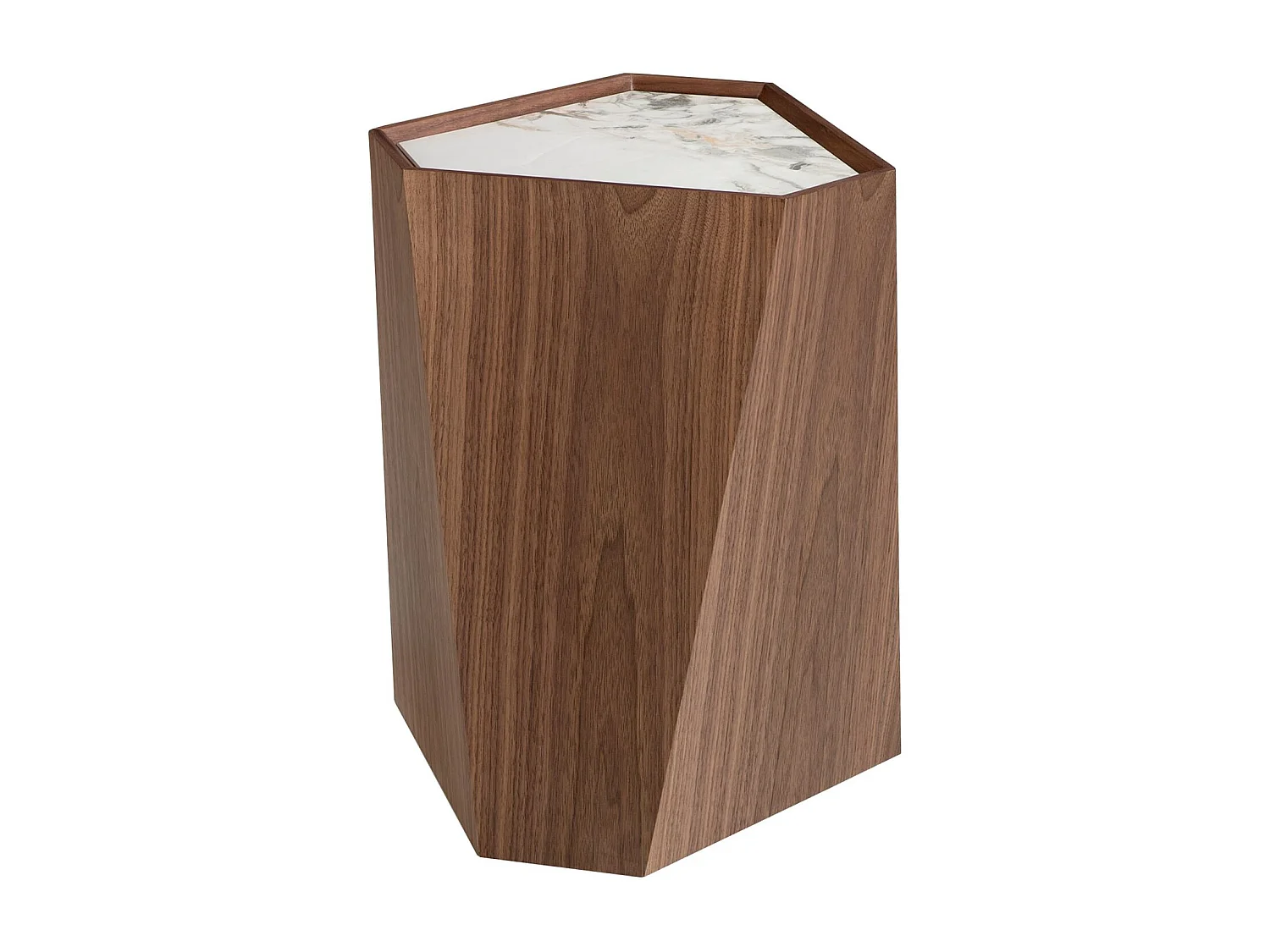 Porseleinen marmeren en notenhouten driehoekige hoektafel