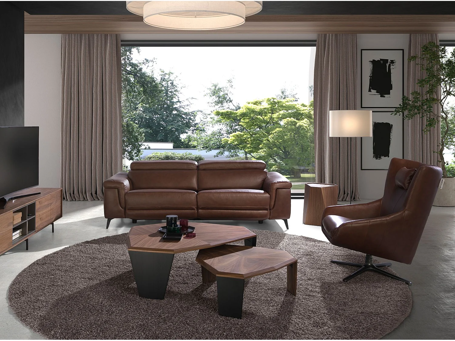 Porseleinen marmeren en notenhouten driehoekige hoektafel