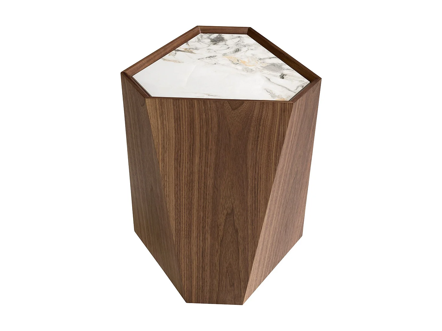 Porseleinen marmeren en notenhouten driehoekige hoektafel